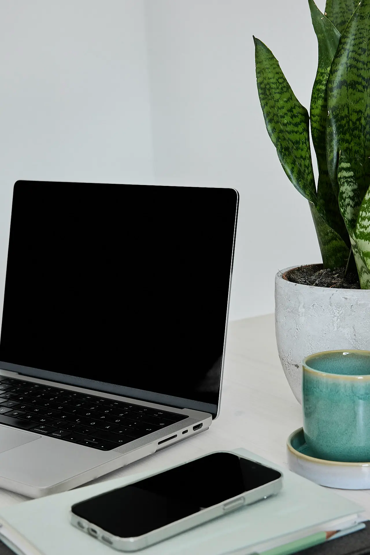 2024-08-18 Nadine Cardenäo 032 Ein Laptop mit schwarzem Bildschirm, ein Smartphone und eine Pflanze auf einem Tisch.